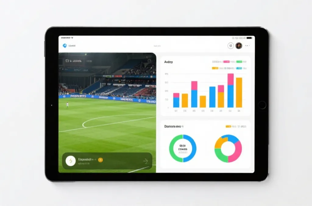 无品牌平板电脑的分屏界面，左侧展示足球赛事画面，右侧展示简洁的数据图表与分析看板